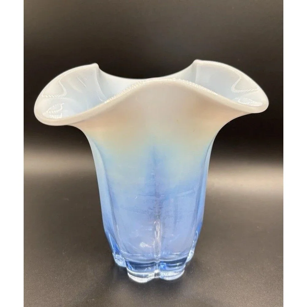 Duncan & Miller CANTERBURY #115 Blue Opalescent Glass Crimped Vase  5” tall